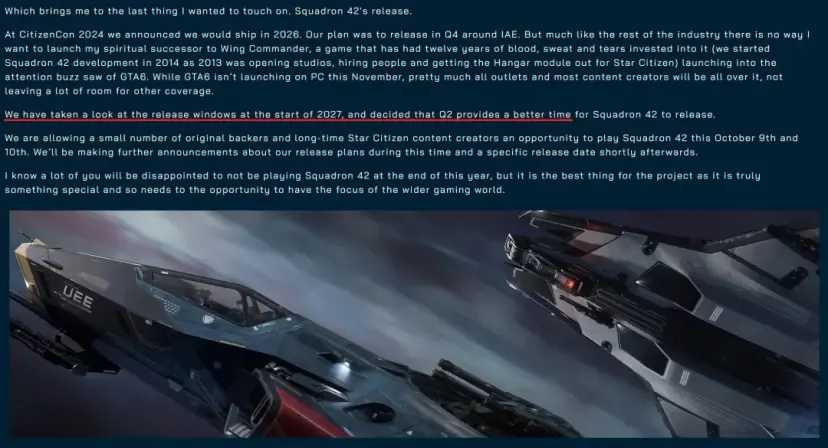 《星际公民》单人作《42中队》延至2027年，官方坦言躲避《GTA6》 - 配图